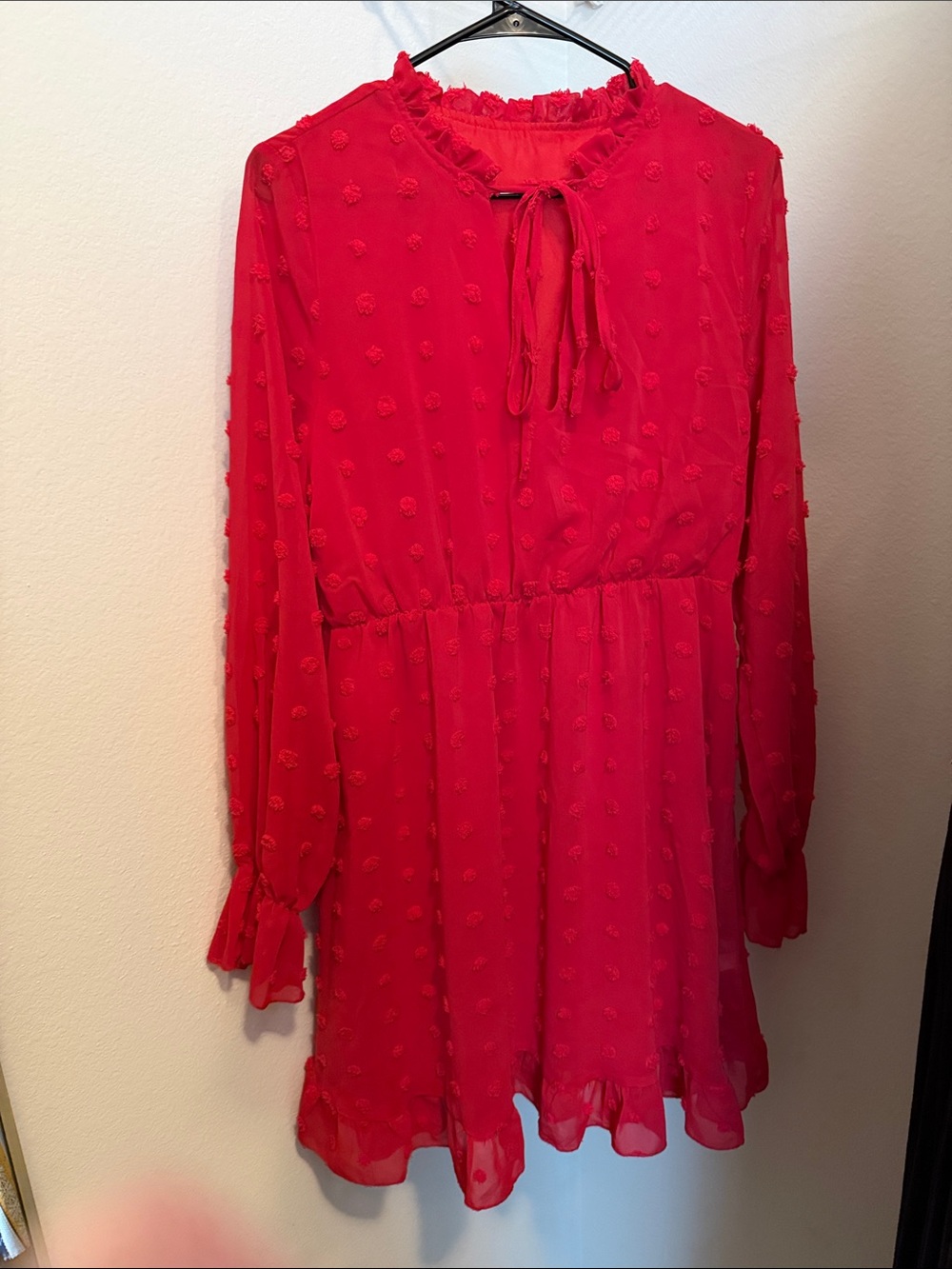 Girls Red Textured Tie-Neck Dress